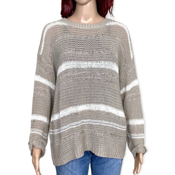 Becaal Striped Lightweight Sweater Womens Medium Taupe White Open Knit - Picture 1 of 6